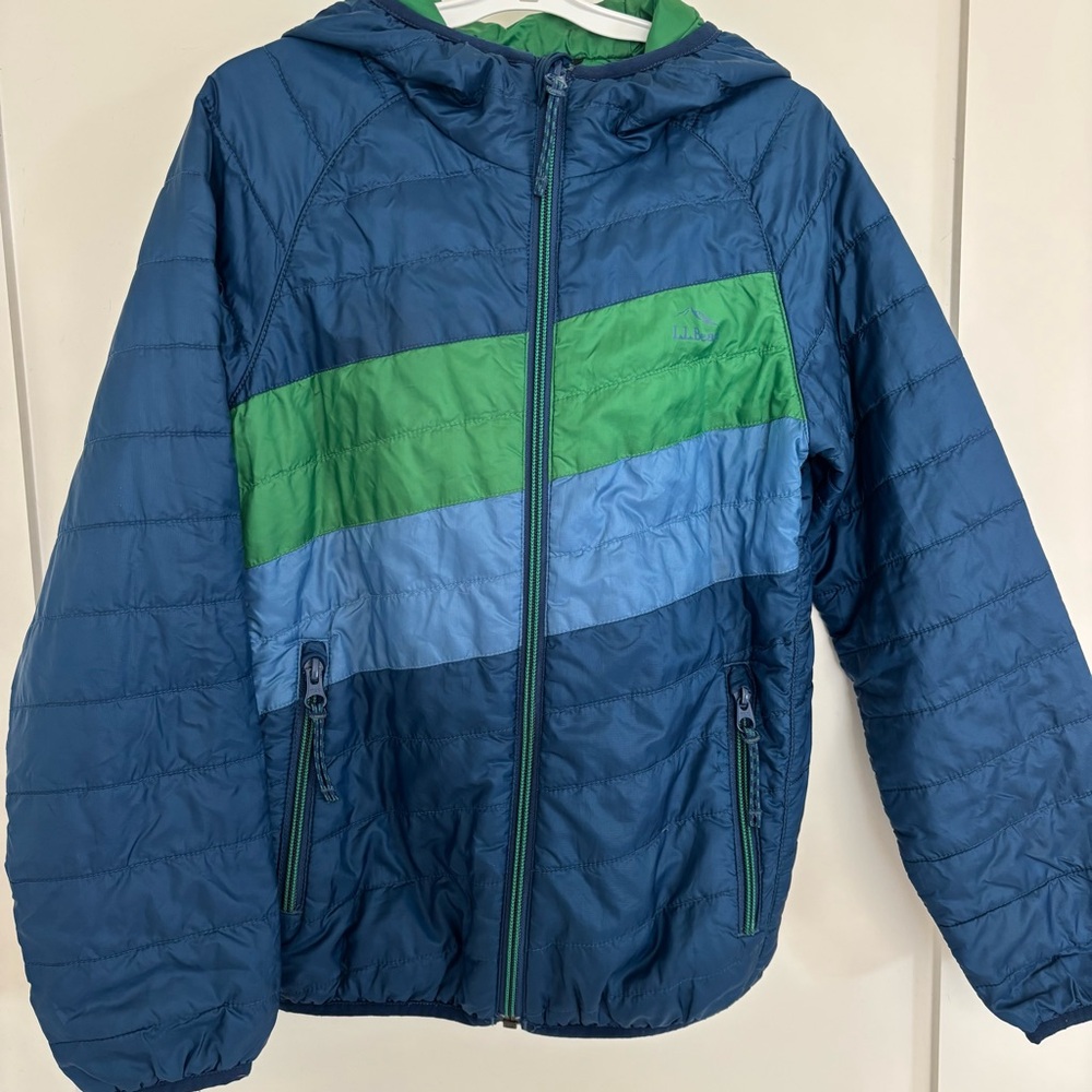 L.L. Bean Kids Blue and Green Lightweight Hooded Puffer Jacket